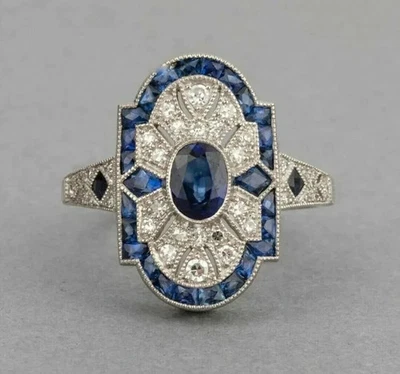 Art Deco Style Sapphire Lab Created Diamond Wedding 14K White Gold Plated Ring - Image 1 of 2