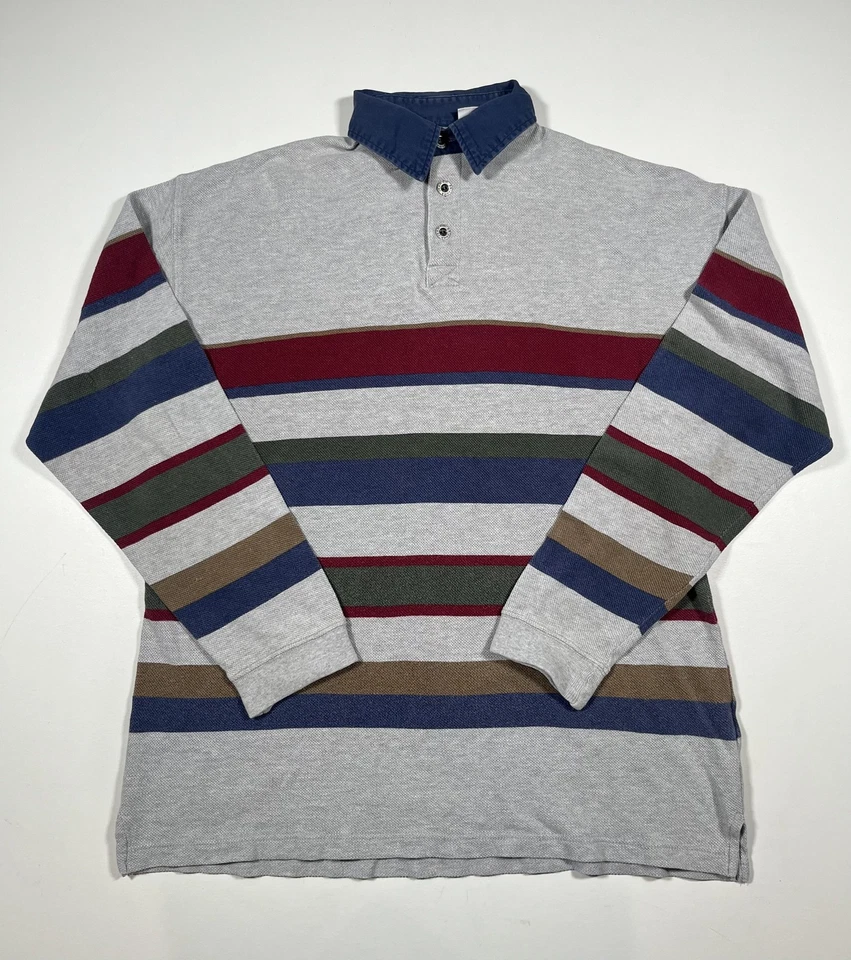 Arizona Jean Company Polo Shirt Mens Large Gray Striped Rugby Long Sleeve Cotton - Image 1 of 4