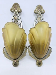 VINTAGE ART DECO PAIR WALL SCONCE LIGHT FIXTURE SLIP SHADE ANTIQUE 1930's SUPERB - Picture 1 of 17