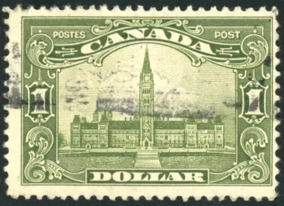 Canada Stamp # 159 F Used - Parliament Bldg - $1 KGV Scroll Issue ~UN $60 (1929) - Image 1 of 2