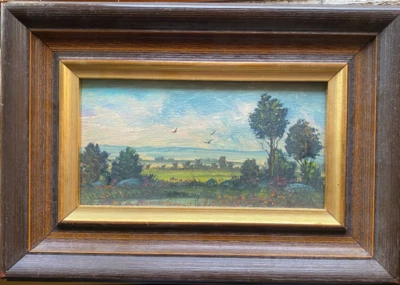 Pintura a óleo paisagem de campo com prados de flores e árvores em lago pequeno - Imagem 1 de 4