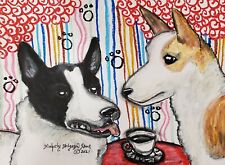 Canaan Dog drinking Coffee 8 x 10 Art Print Signed by Artist Ksams Vintage Style