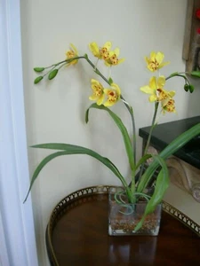 Faux Floral Arrangement of Yellow Orchid and Greenery in Clear Glass Rock Garden - Picture 1 of 7