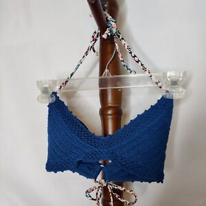Xhilaration women's halter style bra M teal w multicolor straps ties crocheted