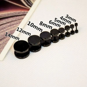 Black Men Women Stud Earrings Faux Gauges Ear Tunnel Stainless Steel Earrings - Picture 1 of 11