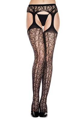 Lencería sexy negra con tirantes y medias de imitación de fondo abierto de red P912 Foto 1 de 4