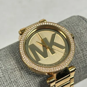 Michael Kors Watch Womens 39mm Parker Pave Bezel Gold Tone Logo Dial New Battery - Picture 1 of 12