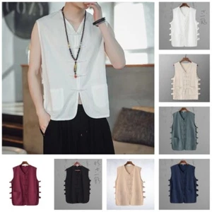 Men Waistcoat Vest Chinese Tang Suit Sleeveless Shirt Tops Gilet Jacket Button - Bild 1 von 18