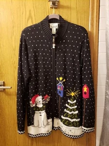 Vintage Quacker Factory Christmas Cat Snowman Cardigan Large Full Zip Beaded - Picture 1 of 14