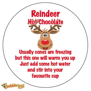 48 x CHRISTMAS NON Personalised Reindeer Hot Chocolate with water stickers 916 - Picture 1 of 3