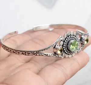 Faceted Peridot , Citrine Cut Gemstone Bracelet 925 Sterling Silver Artisan Cuff - Picture 1 of 8