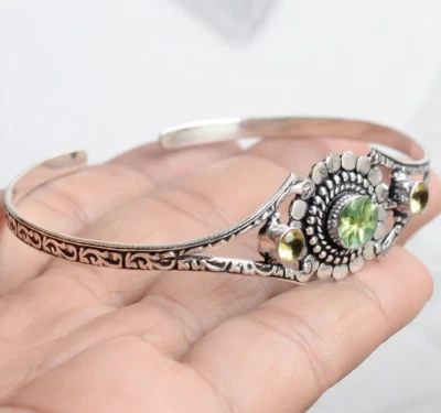Faceted Peridot , Citrine Cut Gemstone Bracelet 925 Sterling Silver Artisan Cuff - Image 1 of 4