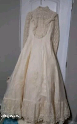 Vintage Handmade Custom Cream Silk And Lace Wedding Dress  - Image 1 of 4