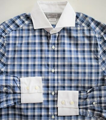 🆕️ $750 Auth BRUNELLO CUCINELLI Blue White 100% COTTON SLIM-FIT DRESS Shirt S - Image 1 of 4