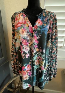 Tolani Collection Tunika Bluse Damen Gr. Large Blumen Bohemian Ösen Top - Bild 1 von 22