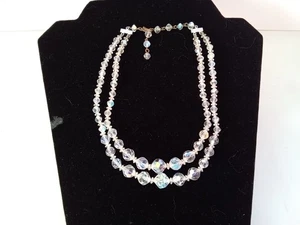 AUSTRIAN CRYSTAL 2 STRAND GRADUATED AURORA BOREALS BEAD GLASS NECKLACE VTG - Picture 1 of 7