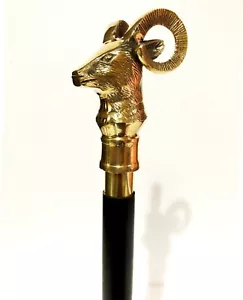 VINTAGE SOLID BRASS GOAT HEAD HANDLE DESIGNER STYLE WOODEN WALKING ANTIQUE CANE - Picture 1 of 5