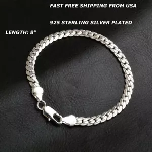 Women's Bracelet Stamped 925 Sterling Silver Plated Flat Chain Fashion Jewelry - Picture 1 of 12