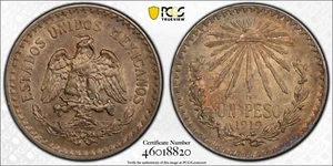 MEXICO ESTADOS UNIDOS 1919 1 PESO SILVER COIN, PCGS CERTIFIED CHOICE AU58 - Picture 1 of 5