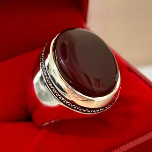 Blood Red Yemeni Aqeeq Ring, 925 Sterling Silver Natural Agate Ring, Shia Ring - Picture 1 of 5