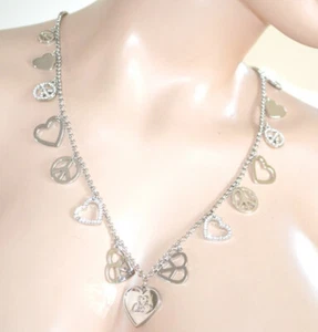 Collana lunga donna argento catenina collier ciondolo cuori strass charms U765 - Foto 1 di 3