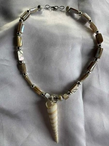 16" Handmade Necklace with a Tower Shell, Brown Coral Stones & Silver Beads - Picture 1 of 9