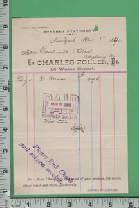 E627 Charles Zollar 1890 ricevuta 12 Water St. NYC Eberhardt & Ober Allegheny PA - Foto 1 di 2