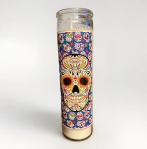 Día de los Muertos Calaveras de Azúcar (Azul) 8 pulgadas Vela Devocional Blanca Sin Perfume - Imagen 1 de 2