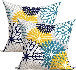 Navy Blue Teal and Yellow Grey Throw Pillow Covers Set of 2 Dahlia Flower Outdoo - Picture 1 of 7