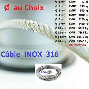 Câble en INOX  316    Ø 1- 2-3-4- 5- 6-7-8-10-12-14- ou16 mm  AU  CHOIX - Afbeelding 1 van 4