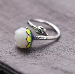 I05 Cloisonne Anello Fiori di Loto Giada Giallo Fogli Argento 925 Bud Regolabile - Bild 1 von 5
