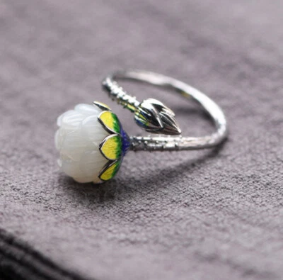 I05 Cloisonne Anello Fiori di Loto Giada Giallo Fogli Argento 925 Bud Regolabile - Immagine 1 di 4
