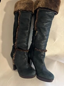 RARE TORY BURCH MADE IN BRAZIL KNEE HIGH FUR BLACK LEATHER ZIP SIZE 8M BOOTS - Picture 1 of 8