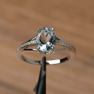 3 Karat Oval Blau Aquamarin Diamant Verlobungsring Jubiläum Ring Weißgold-Finish - Bild 1 von 6