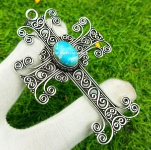 Unique Larimar Gemstone 925 Sterling Silver Plated 1 PCs Cross Vintage Pendant - Picture 1 of 3