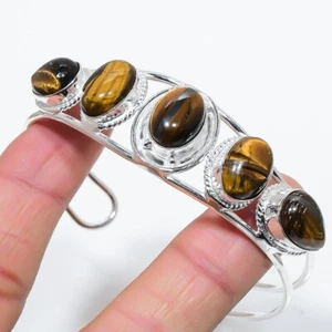 Tiger Eye Gemstone 925 Sterling Silver Handmade Jewelry Bangle Size 7-8" - Picture 1 of 1