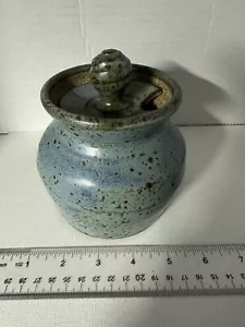 Speckled Blue Studio Pottery Honey Pot Glazed Signed with Lid French Country - Picture 1 of 7