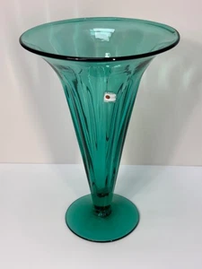 Vintage Blenko smaragdgrün gerippt Glas Trompete Vase mit Etikett ~ 11-3/4" - Bild 1 von 9