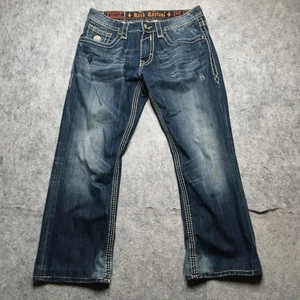 Rock Revival Jeans Uomo 34x29 Blu Logan Stivaletto Pantaloni Denim Ricamati Invecchiati - Foto 1 di 18