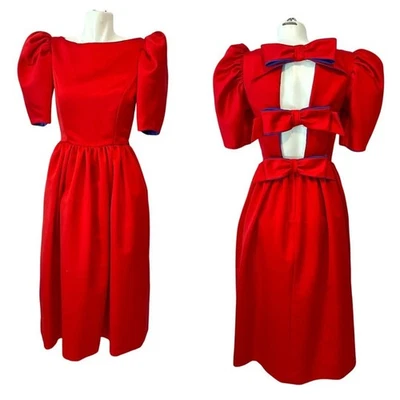 Vtg 80s Victor Costa Red Purple Bow Open Back Dress Party Prom Womens Size Small - Image 1 of 4