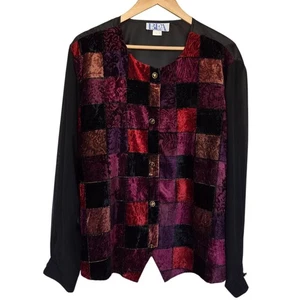 Vtg Womens 26W Black Patchwork Velvet Sheer Sleeve Button Up Top Whimsigoth - Picture 1 of 9