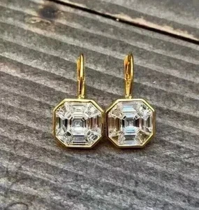 3Ct Asscher Cut Lab Created Diamond Drop Dangle Earrings 14k Yellow Gold Plated - Picture 1 of 5