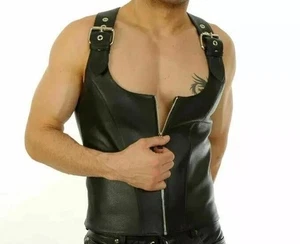 Herren Leder Stegweste Korsett Reißverschluss Oberteil Biker Fetisch Schnürweste gefüttert - Bild 1 von 5