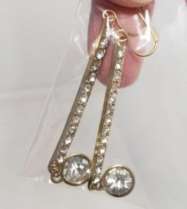 Gold Tone Earrings, 2" Long. With Clear Blingy Stones See Photos - Picture 1 of 5