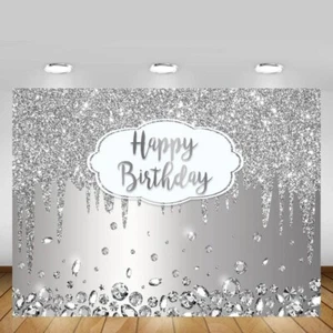 8x6ft Silver Glitter Happy Birthday Backdrop for Portrait Diamond Photo - Picture 1 of 15