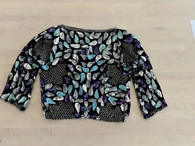 Vintage Scala 100% Seda Top S Preto Lantejoulas Frisadas Formal Anos 80 Anos 90 Elegante Coquetel - Imagem 1 de 4