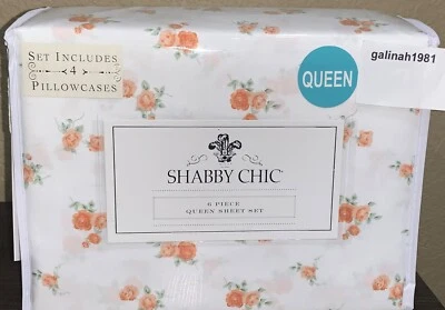 Shabby Chic por Rachel Ashwell 6 peças conjunto de lençóis queen floral ferrugem branca laranja rosas - Imagem 1 de 2