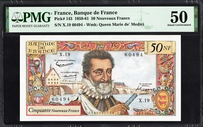 France 50 NF Nouveaux Francs P143 1959 PMG50 aUNC Banknote French Currency RARE - image 1 of 2