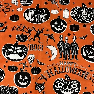 Halloween Orange Fabric Skull, Cat, Pumpkin 31" x 44" Cotton - Image 1 of 4