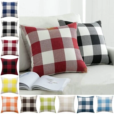 US Checked Plaid Throw Cushion Cover Linen Tartan Pillow Case Home Decor 16"-24" - Image 1 of 4